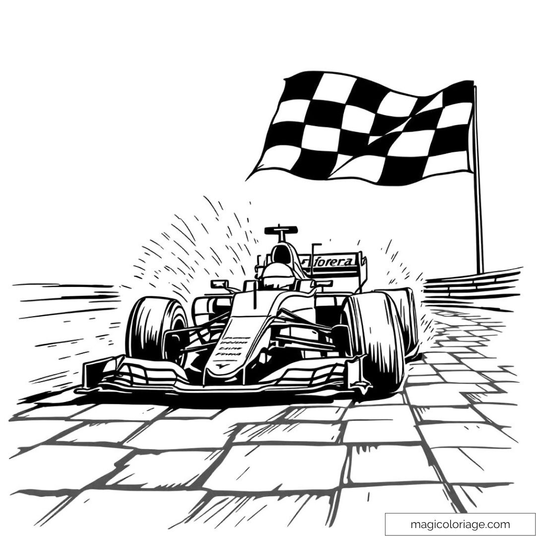 Voiture de course franchissant la ligne d'arrivée avec drapeau à damier