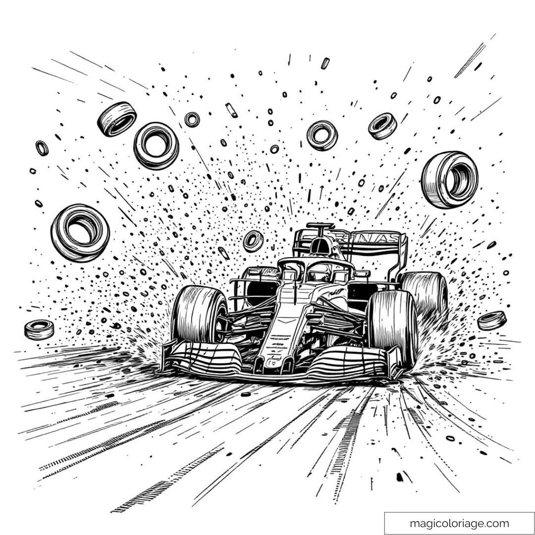 Dessin à colorier de voiture F1 avec pneu éclatant dans une scène de course.