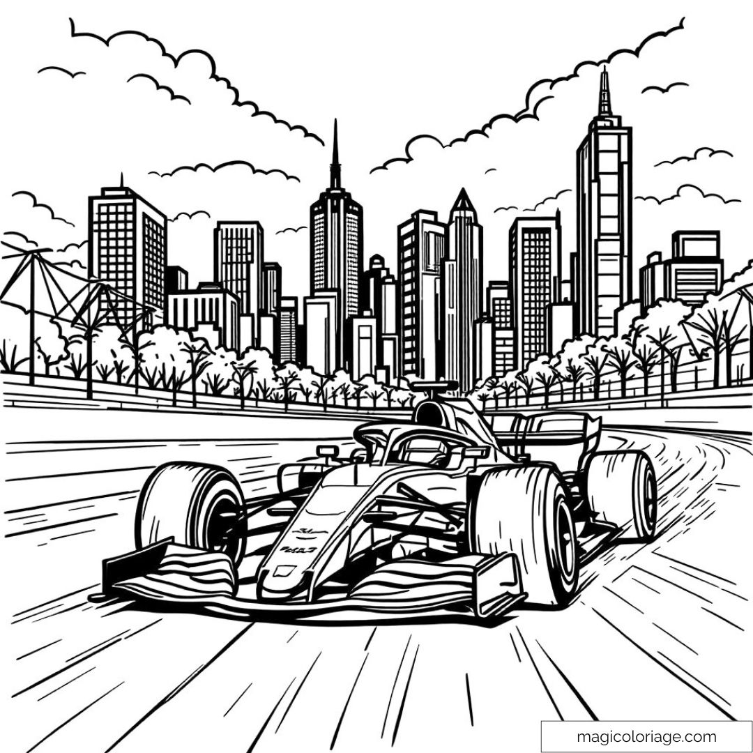 Voiture de course rapide sur circuit urbain devant des gratte-ciels.
