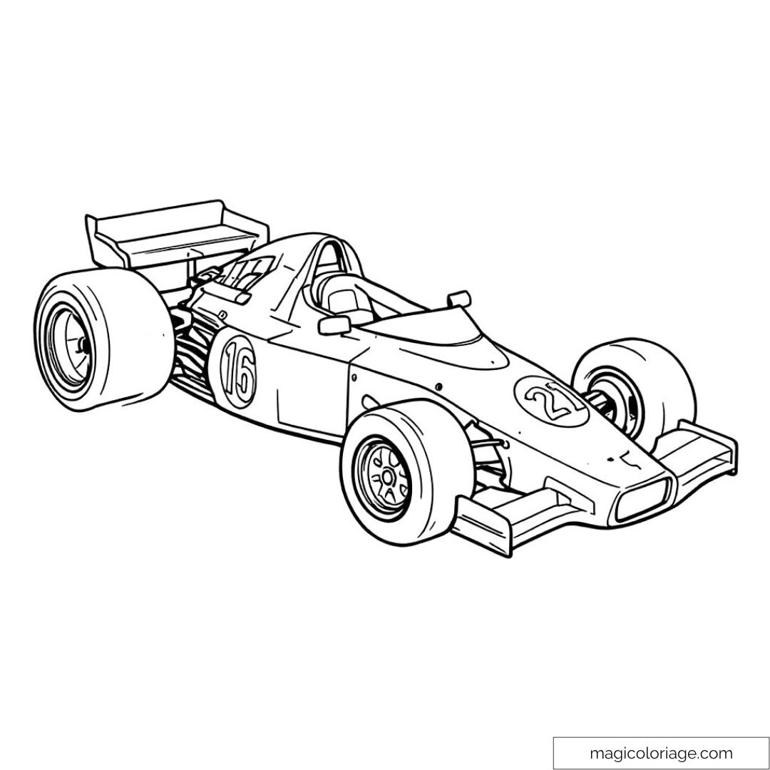 Dessin d'une voiture de course F1 avec détails techniques