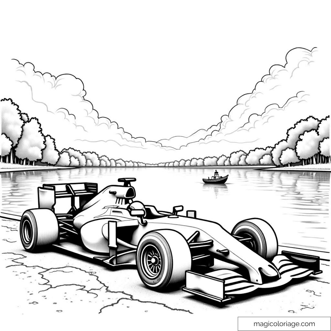 Voiture de course rapide près d'un lac