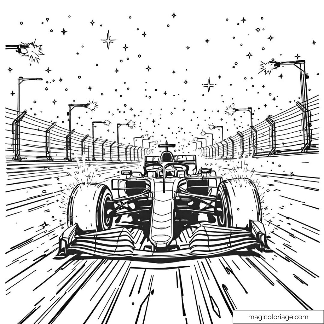 Image de voiture de course avec des étoiles et des détails de piste.