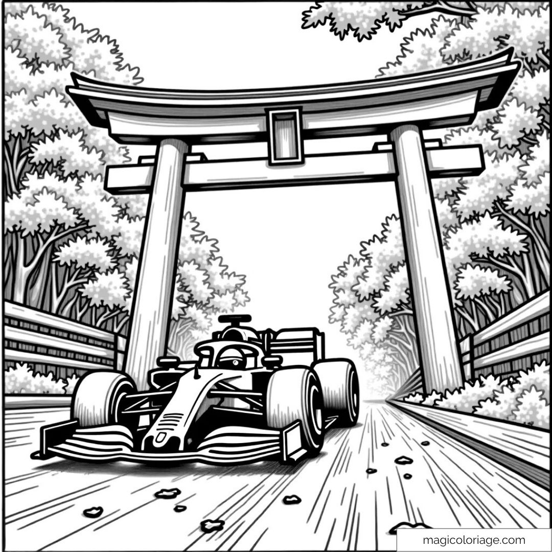 Voiture de course passant sous un torii entouré d'arbres.