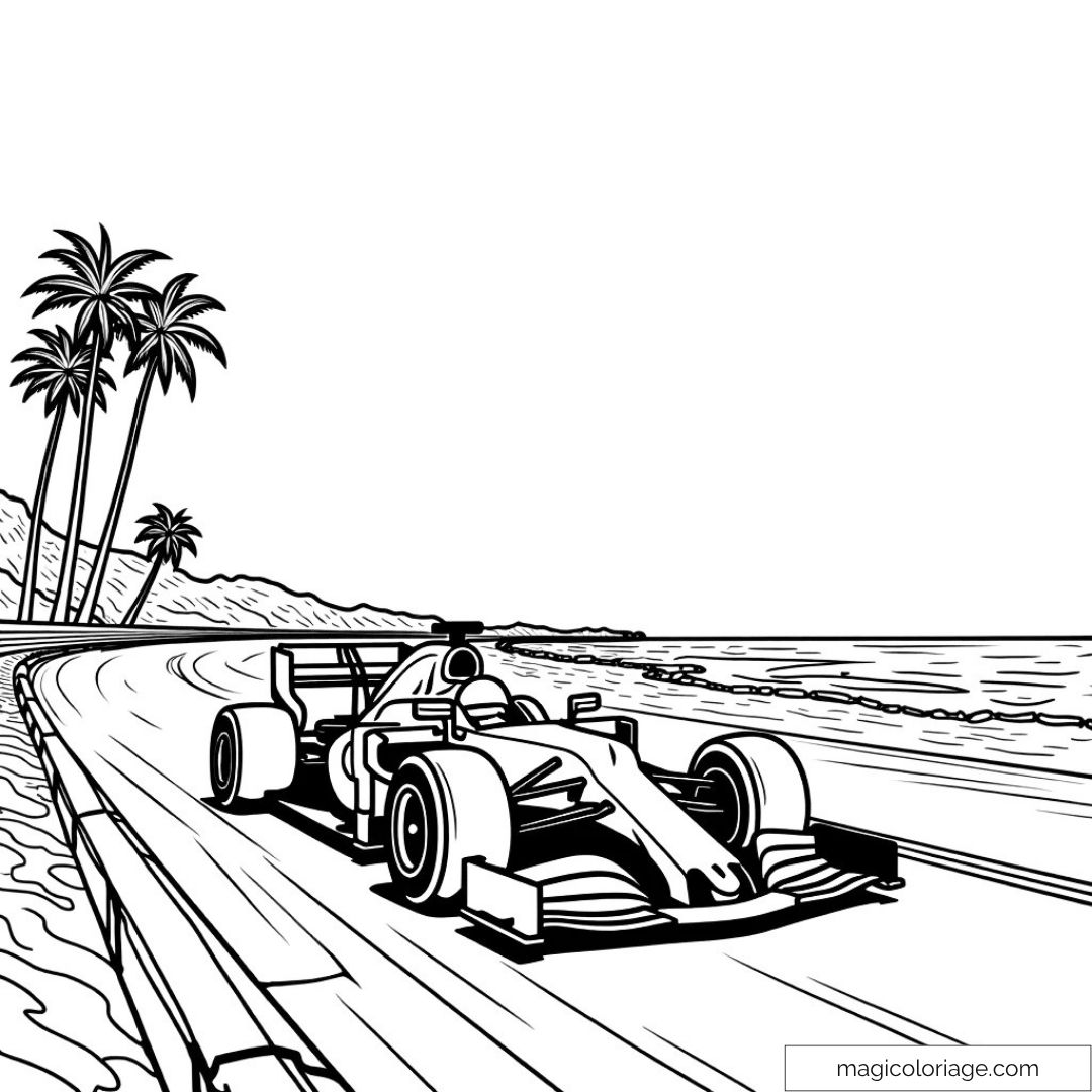 Voiture de course rapide sur piste côtière avec palmiers et océan.