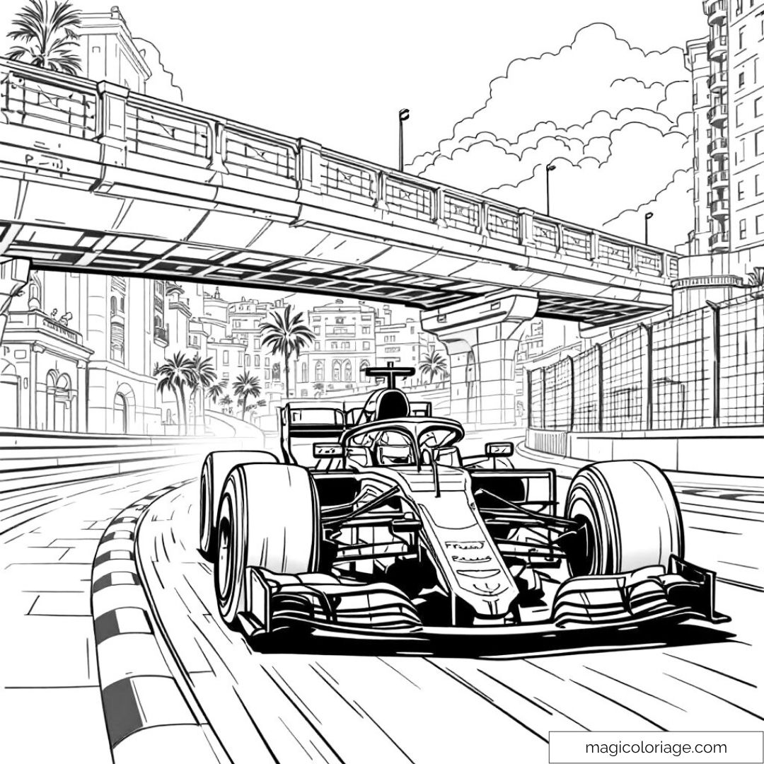Dessin voiture de course sur circuit urbain avec pont et bâtiments