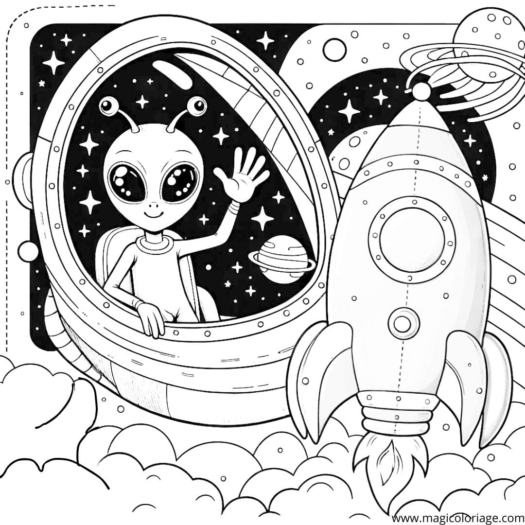Image à colorier d'un alien amical saluant depuis une fenêtre de vaisseau spatial, avec une fusée colorée à proximité.