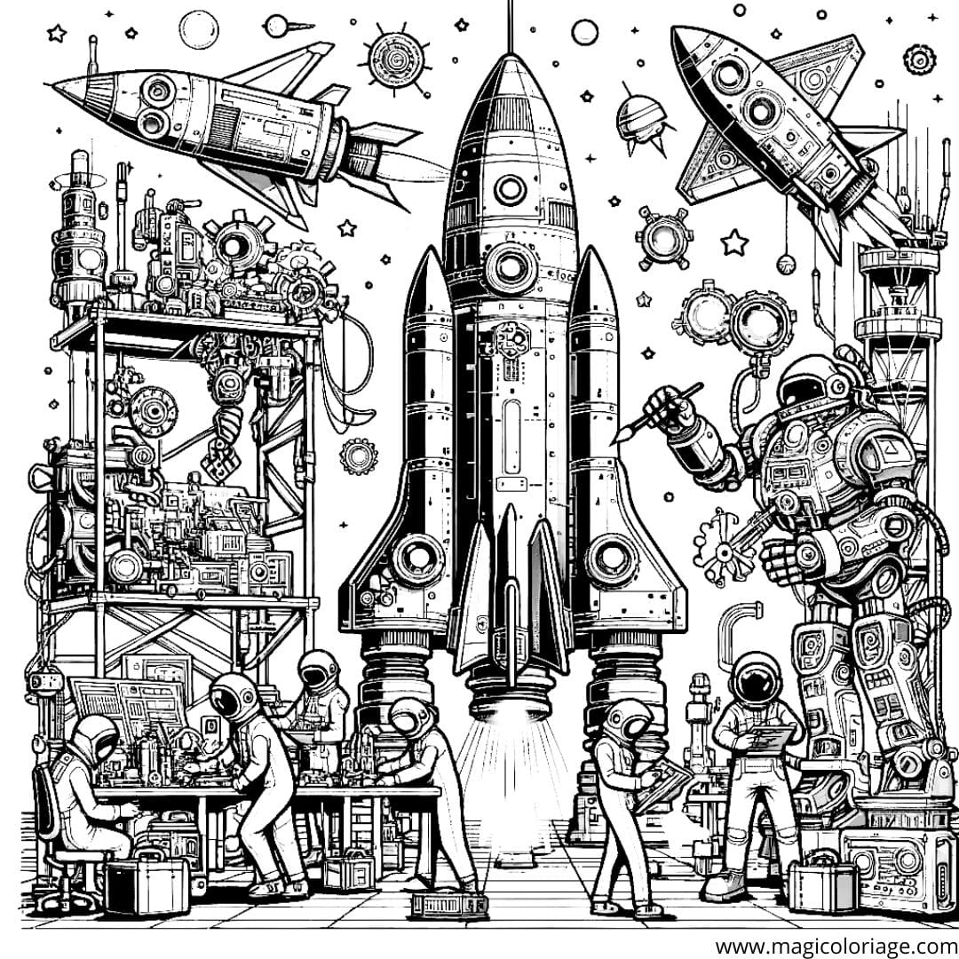 Image à colorier montrant l'assemblage d'une fusée dans une usine spatiale futuriste, avec des ingénieurs et des robots.