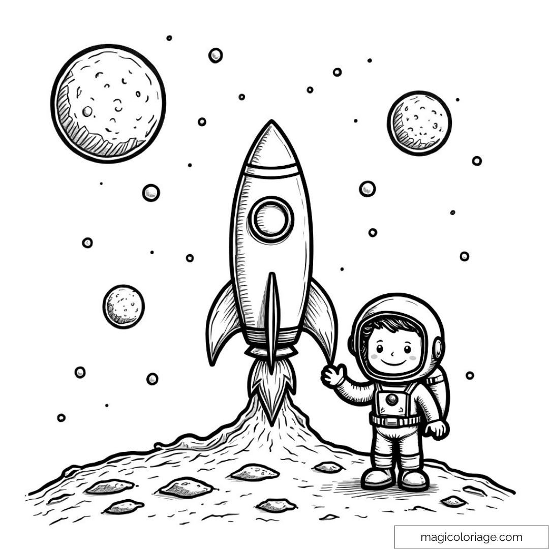 Dessin d'un astronaute avec fusée sur la lune