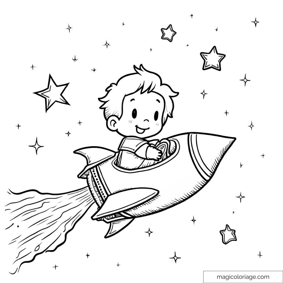 Enfant volant dans une fusée entouré d'étoiles