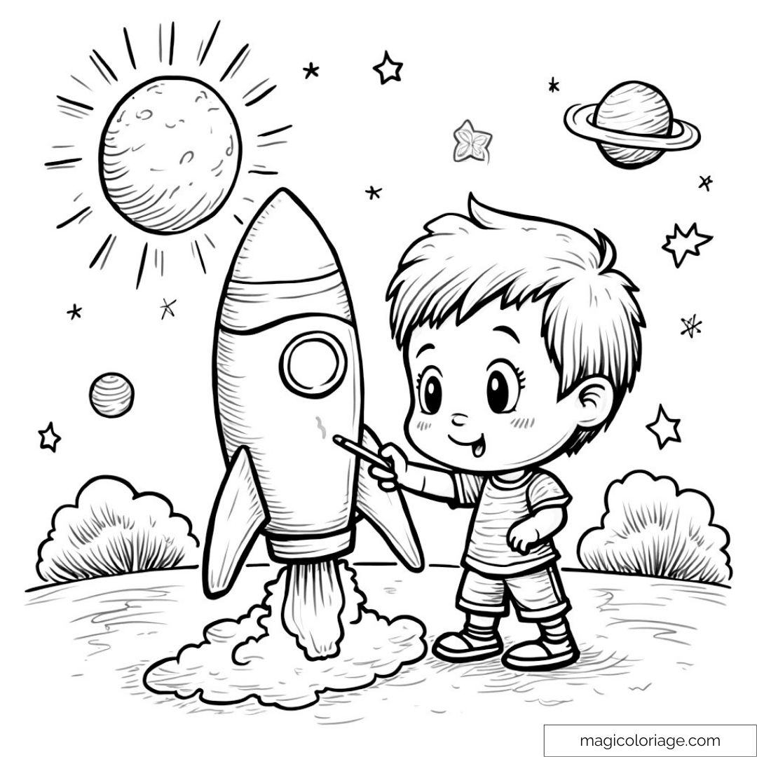 Enfant avec une fusée dans l'espace entouré de planètes et étoiles.