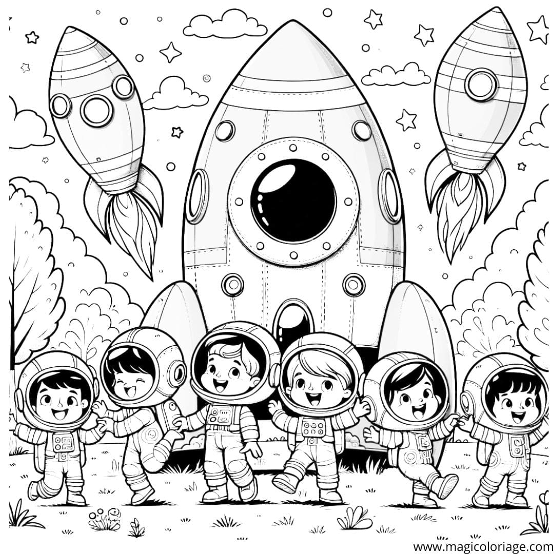Image à colorier d'enfants en costumes d'astronautes jouant autour d'une fusée dans un parc, rempli de joie et d'excitation.