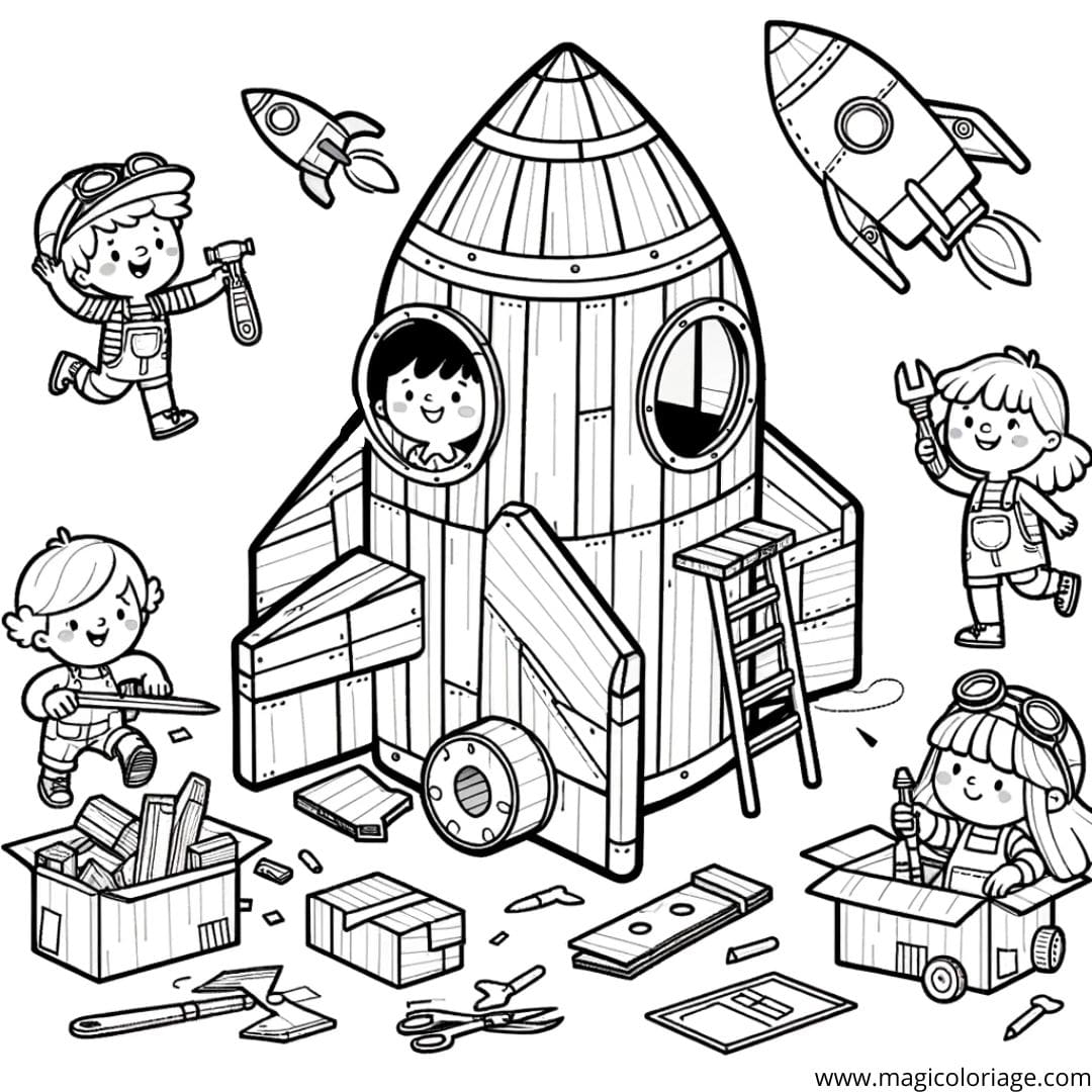 Image à colorier d'enfants construisant joyeusement une fusée en carton, avec des outils et des morceaux de carton.