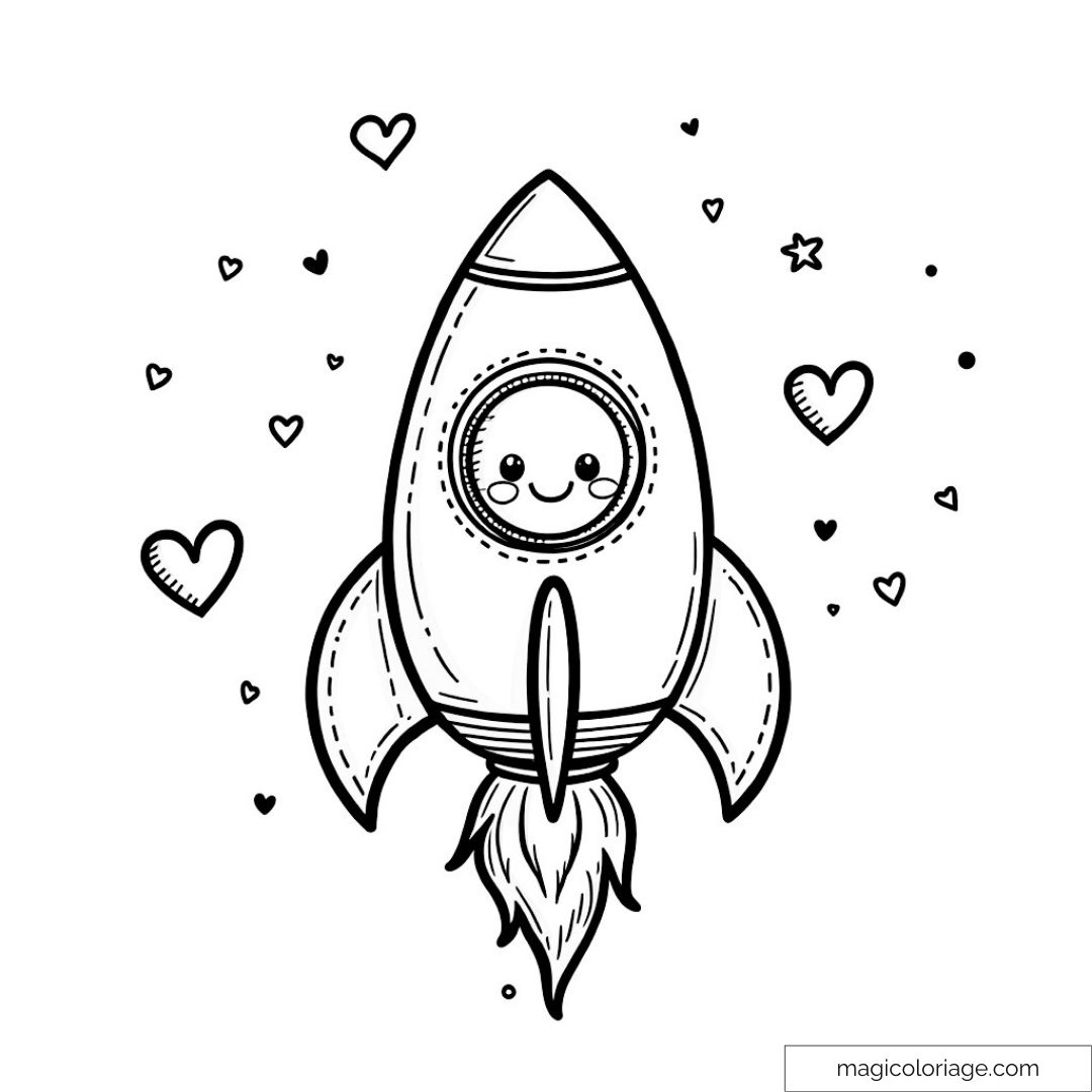 Coloriage fusée mignonne avec visage souriant et cœurs.