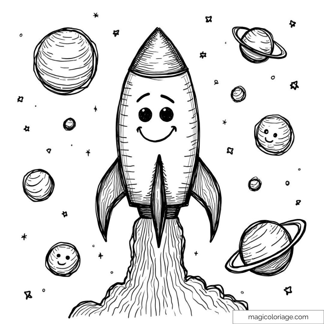 Dessin de fusée souriante et planètes du système solaire à colorier.