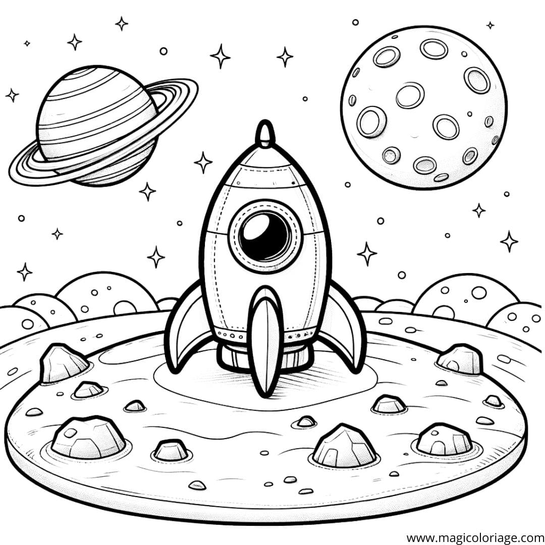 Image à colorier d'une fusée atterrissant sur une planète lointaine, avec un paysage de cratères et de rochers.