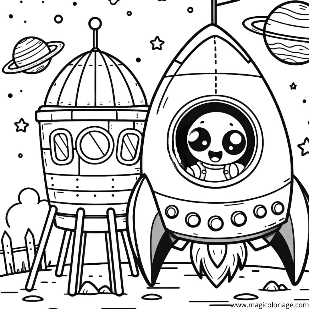 Image à colorier d'une fusée simple et d'un alien amical saluant depuis une station spatiale.
