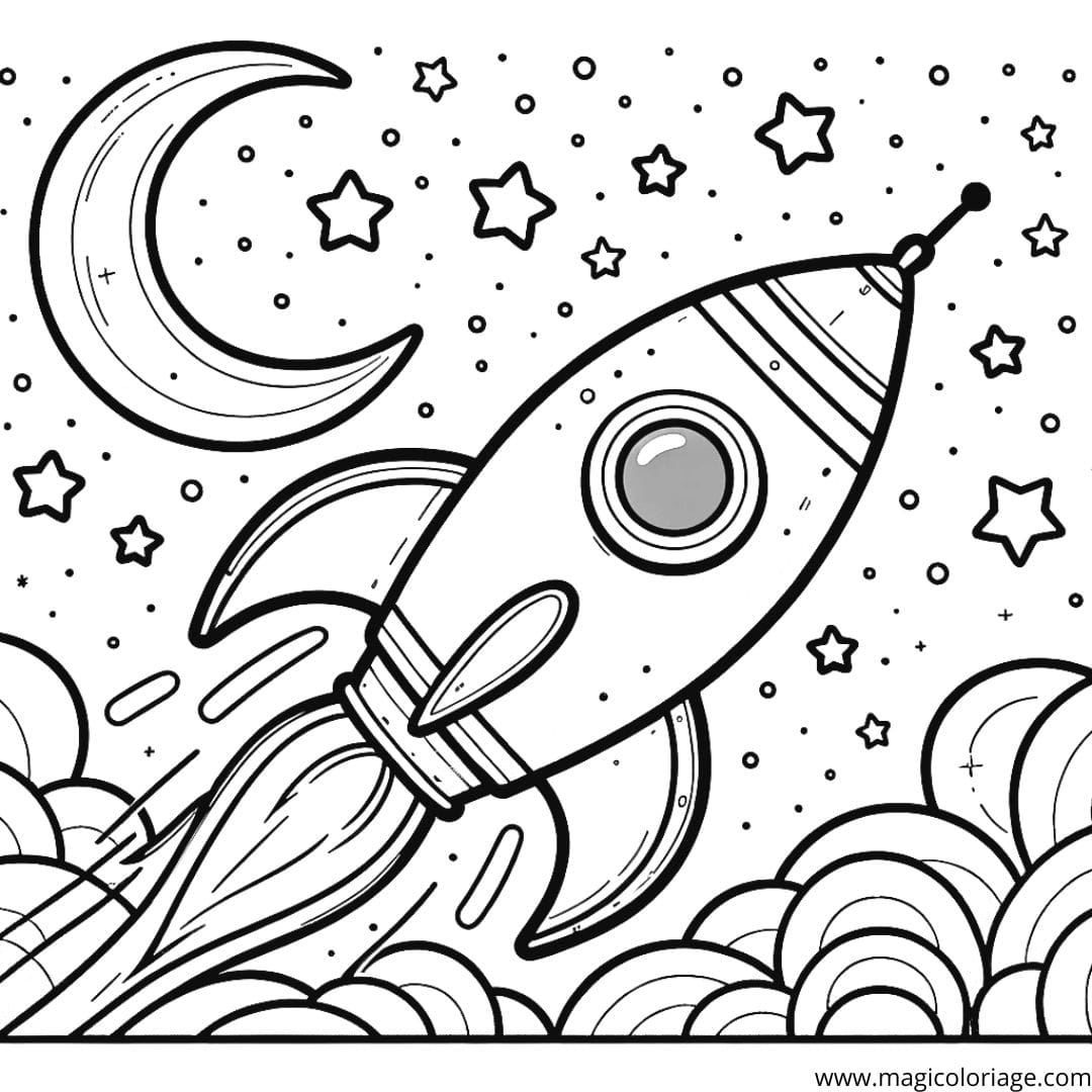 Image à colorier d'une fusée basique volant joyeusement dans l'espace, avec des étoiles et une lune en arrière-plan.