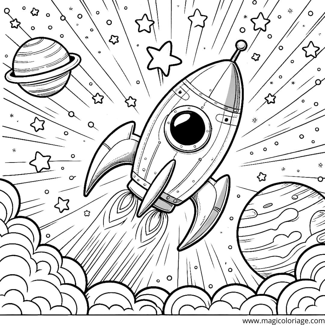 Image à colorier d'une fusée décollant dans l'espace, avec des étoiles et des planètes en arrière-plan.