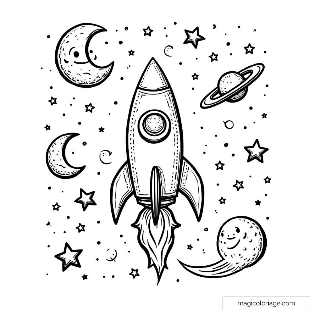 Fusée dans l'espace avec étoiles et planètes à colorier.