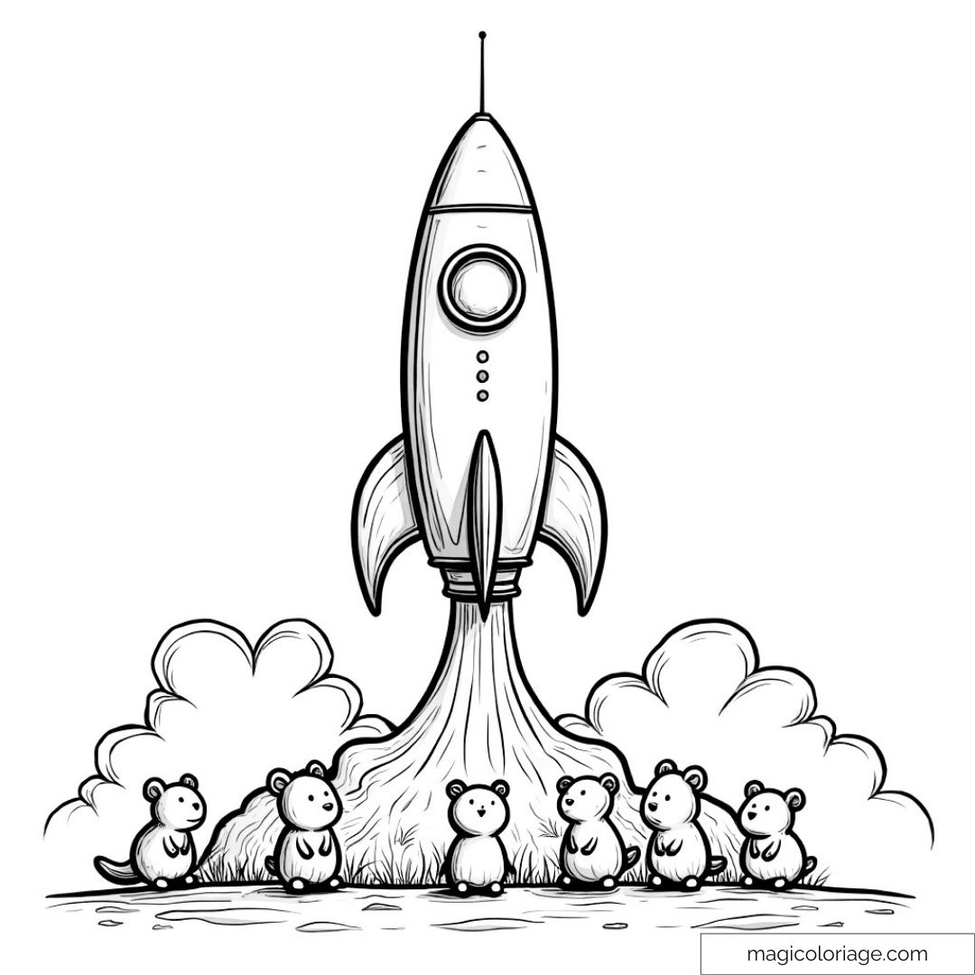 Dessin de fusée avec souris curieuses prêtes pour l'exploration.