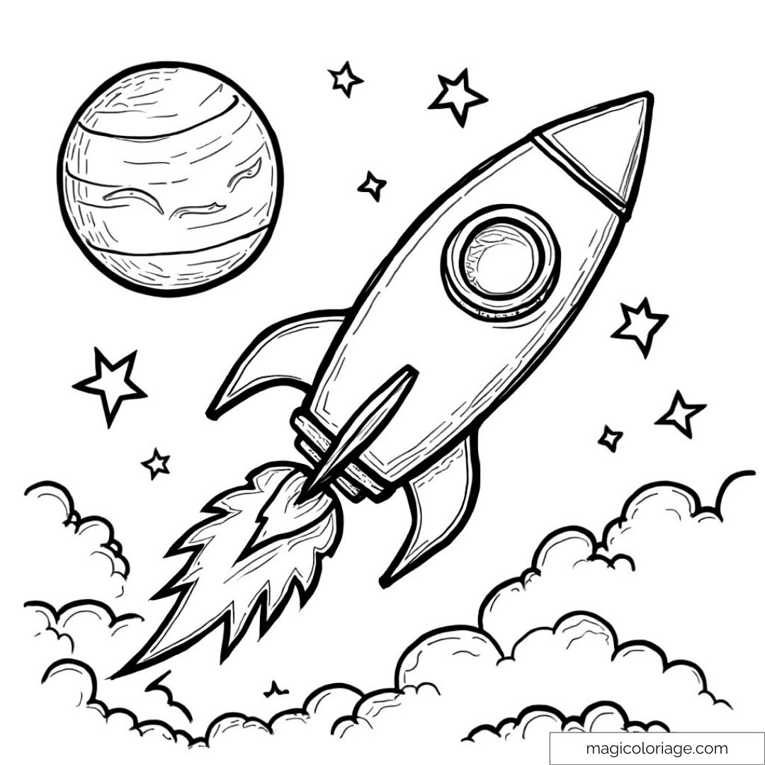 Fusée et planète dans l'espace avec étoiles et nuages.