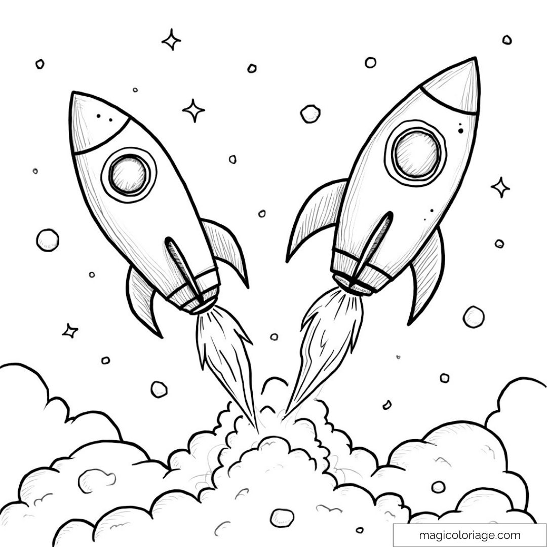 Dessin de deux fusées décolleuses avec étoiles et nuages