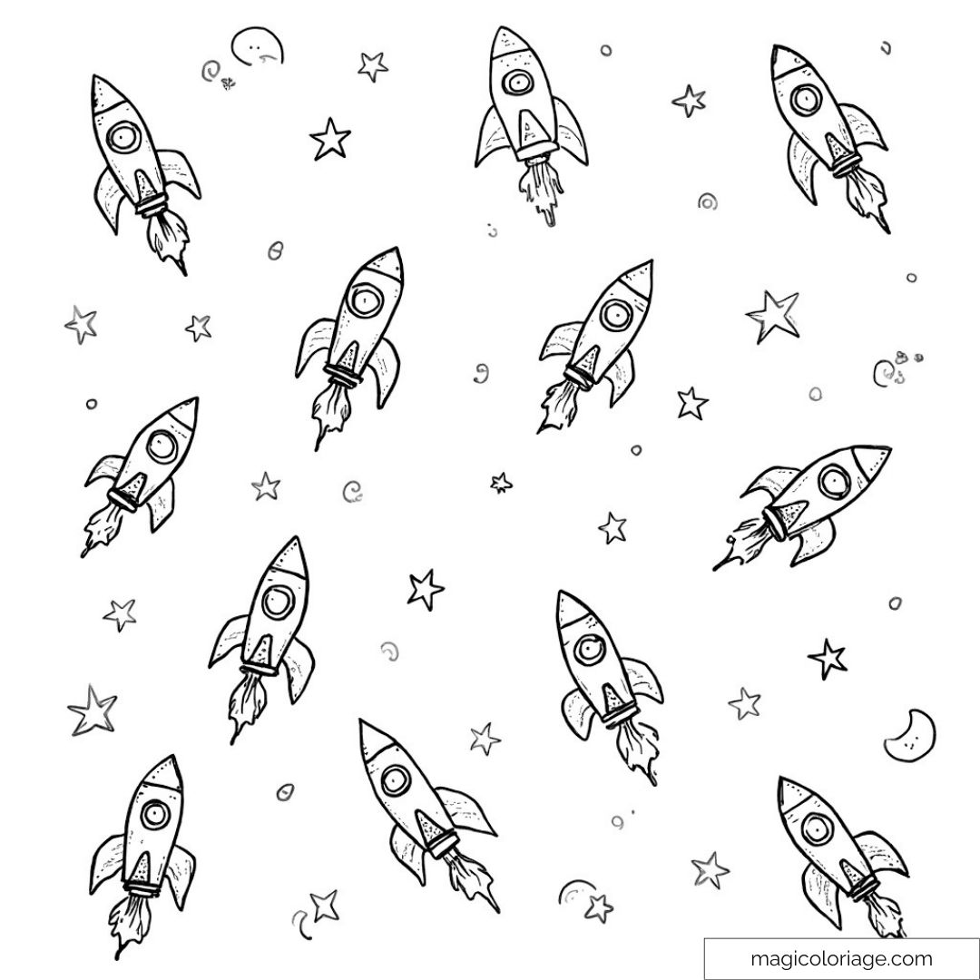 Dessin de fusées dans l'espace avec étoiles et planètes.