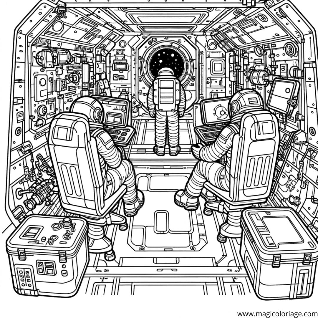 Coloriage intérieur de l'ISS avec astronautes