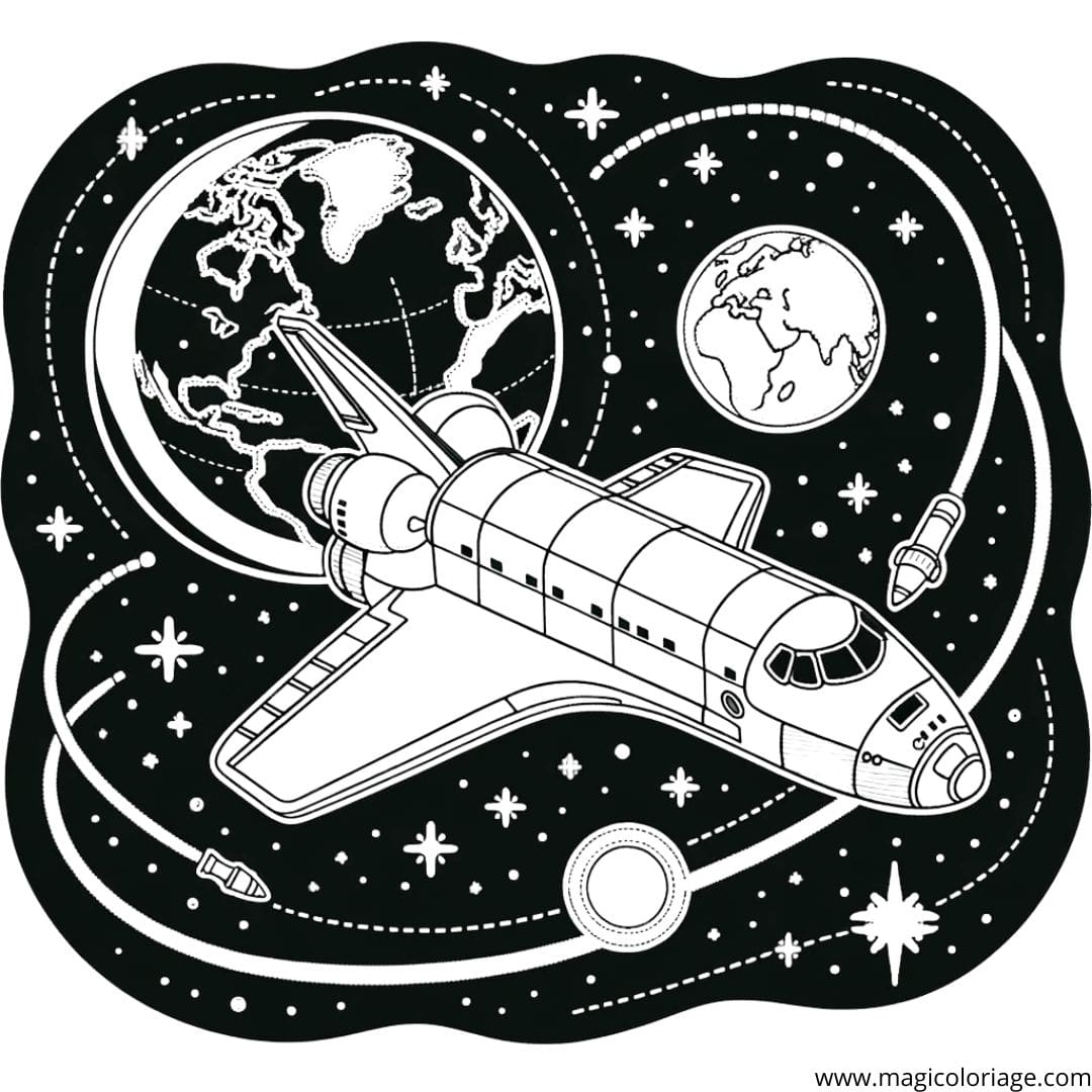 Image à colorier d'une navette spatiale NASA en orbite autour de la Terre, avec une vue magnifique de l'espace.
