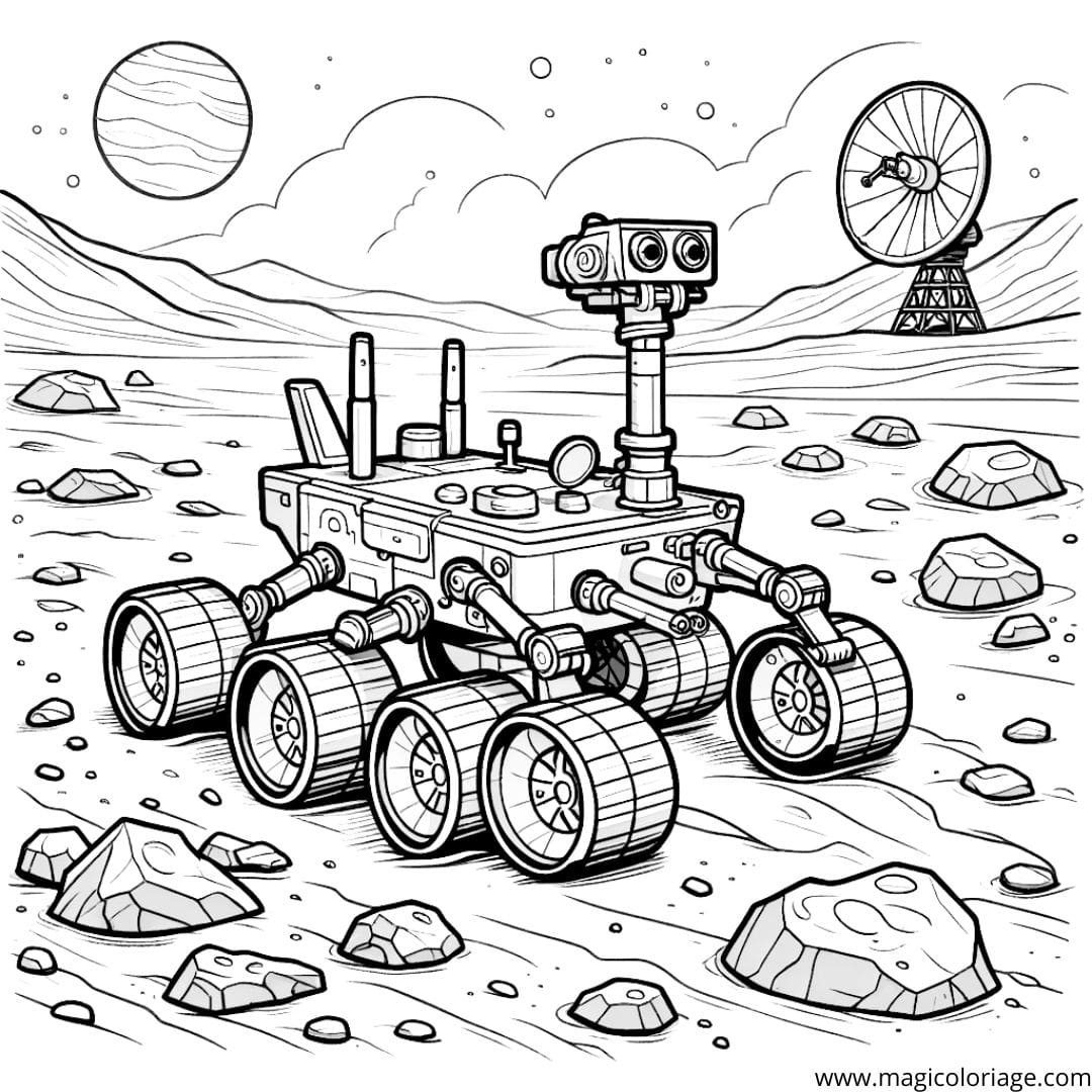 Image à colorier d'un rover NASA explorant la surface de Mars, entouré de rochers et de cratères martiens.