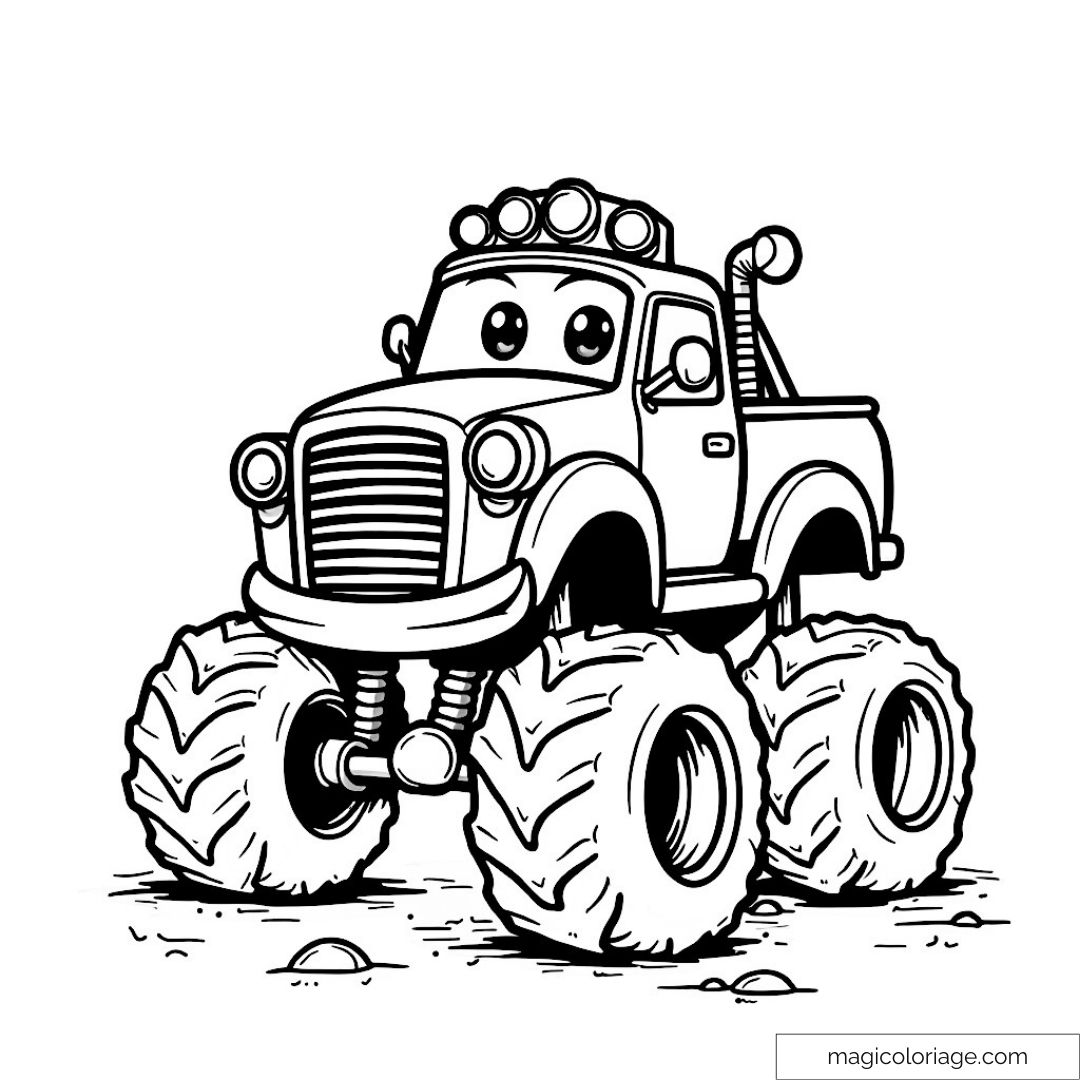 Camion monstre avec grands pneus et visage souriant. Dessin à colorier.