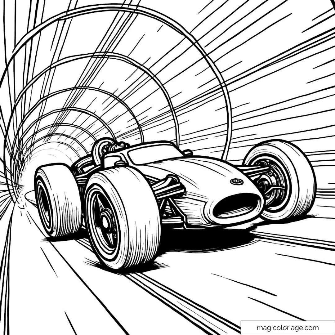 Voiture de course rapide dans un tunnel à colorier pour enfants.