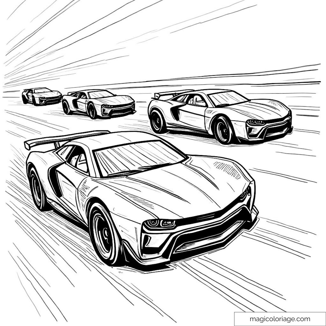Dessin de quatre voitures de course vrombissantes sur une piste