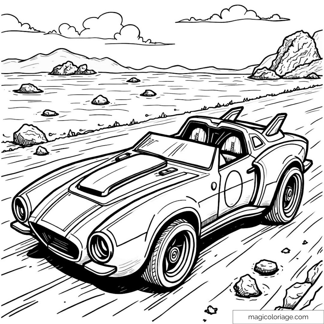 Coloriage voiture de sport sur route montagneuse sous un ciel nuageux.