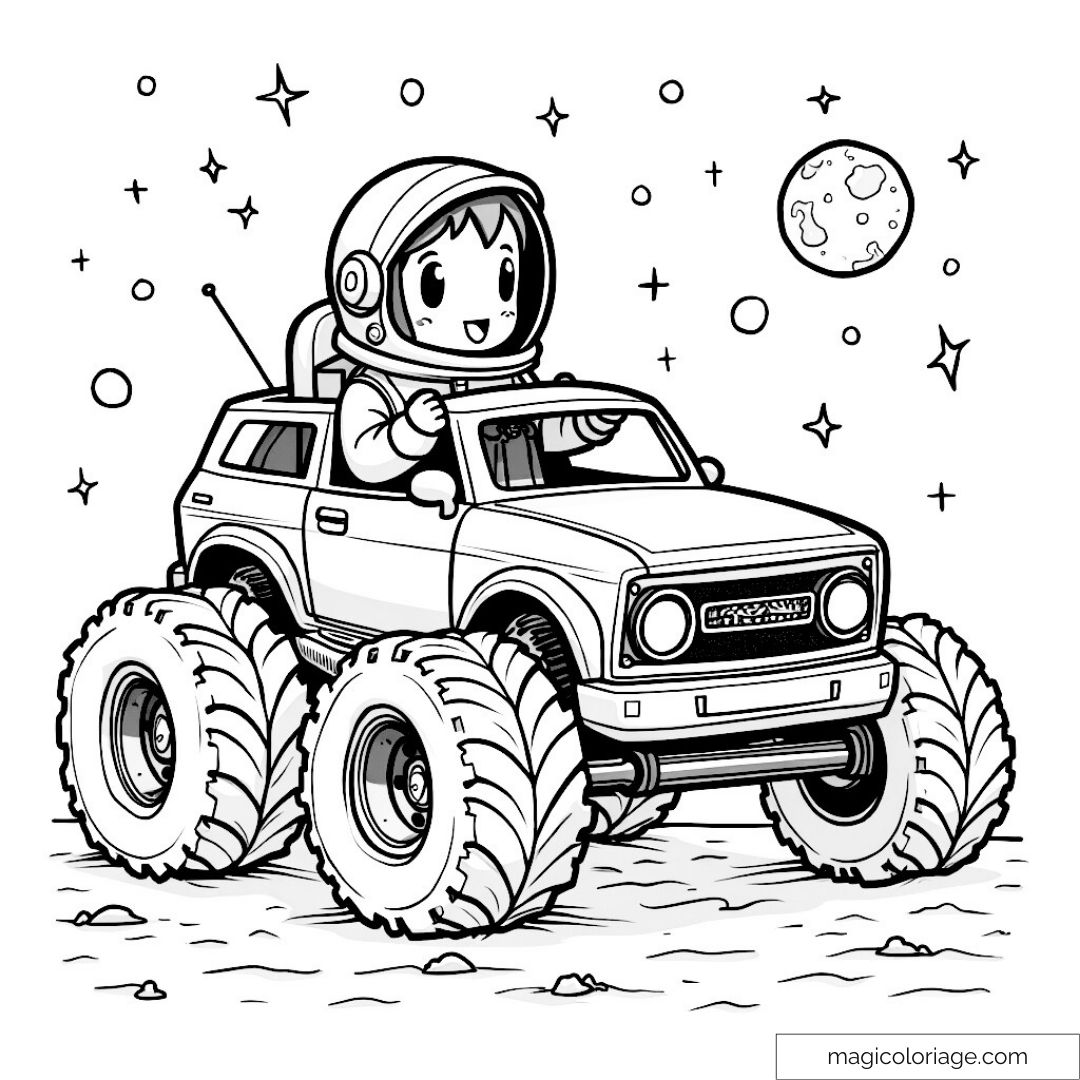 Astronaute souriant conduisant une voiture sur la lune avec étoiles autour.