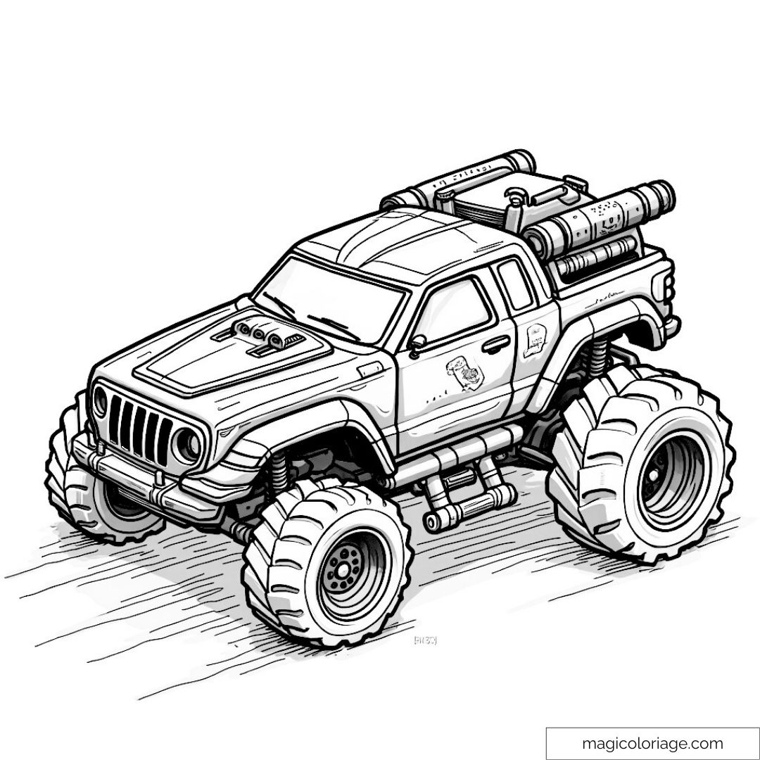 Monster truck à roues massives sur fond minimaliste.