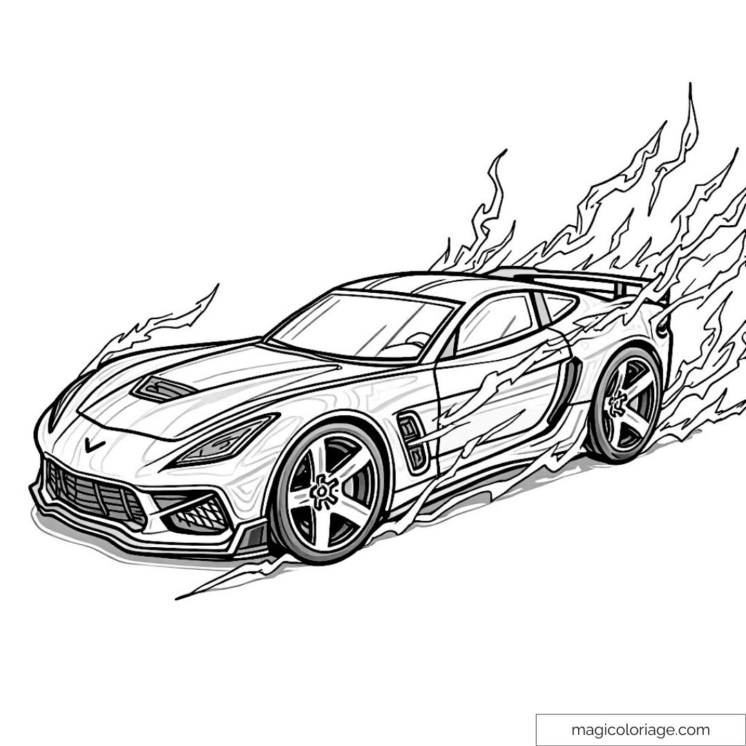 Dessin de voiture de sport avec flammes pour coloriage créatif.