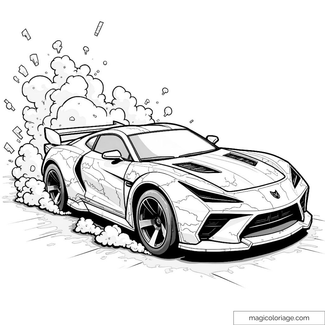 Coloriage de voiture de course avec fumée et action.