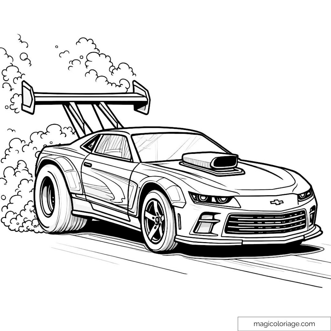 Dessin de voiture de course avec effets de fumée et vitesse.