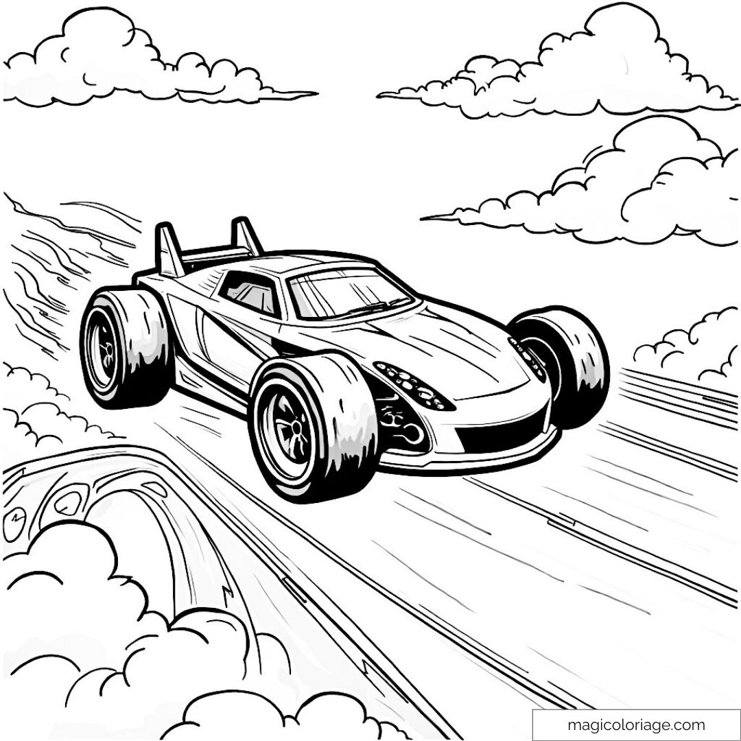 Voiture de course volant dans les nuages pour coloriage.