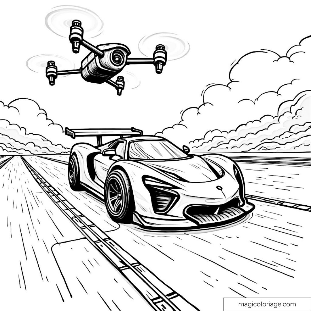 Voiture de course et drone dans le ciel