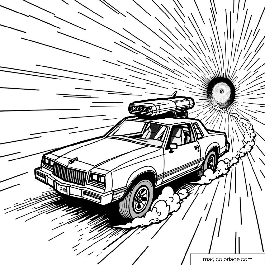 Image de voiture de course traversant un portail cosmique avec des lignes dynamiques.