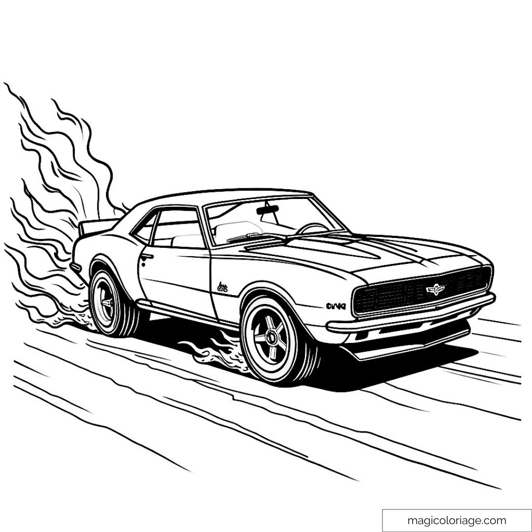 Voiture sportive en course avec flammes et détails réalistes.