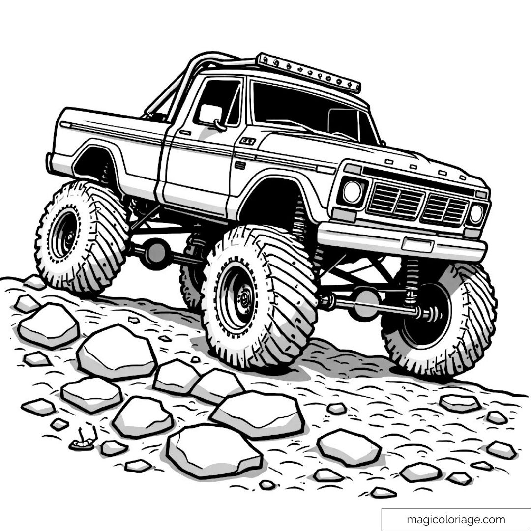 Coloriage voiture tout-terrain sur rochers en pleine aventure.