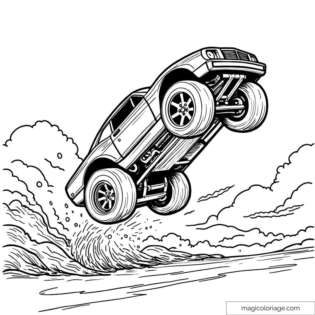 Dessin en noir et blanc d'une voiture tout-terrain sautant.