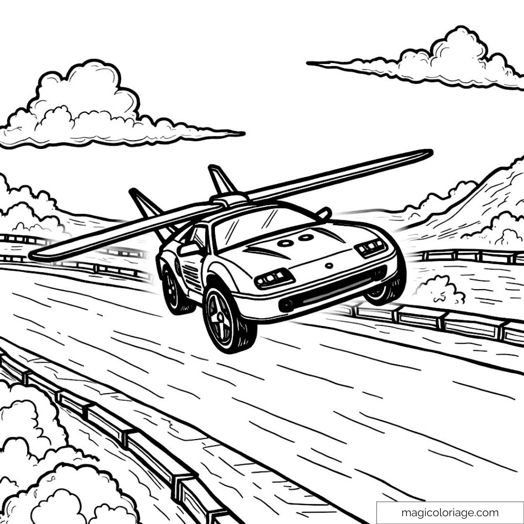 Coloriage de voiture volante sur une route de campagne avec nuages et montagnes.