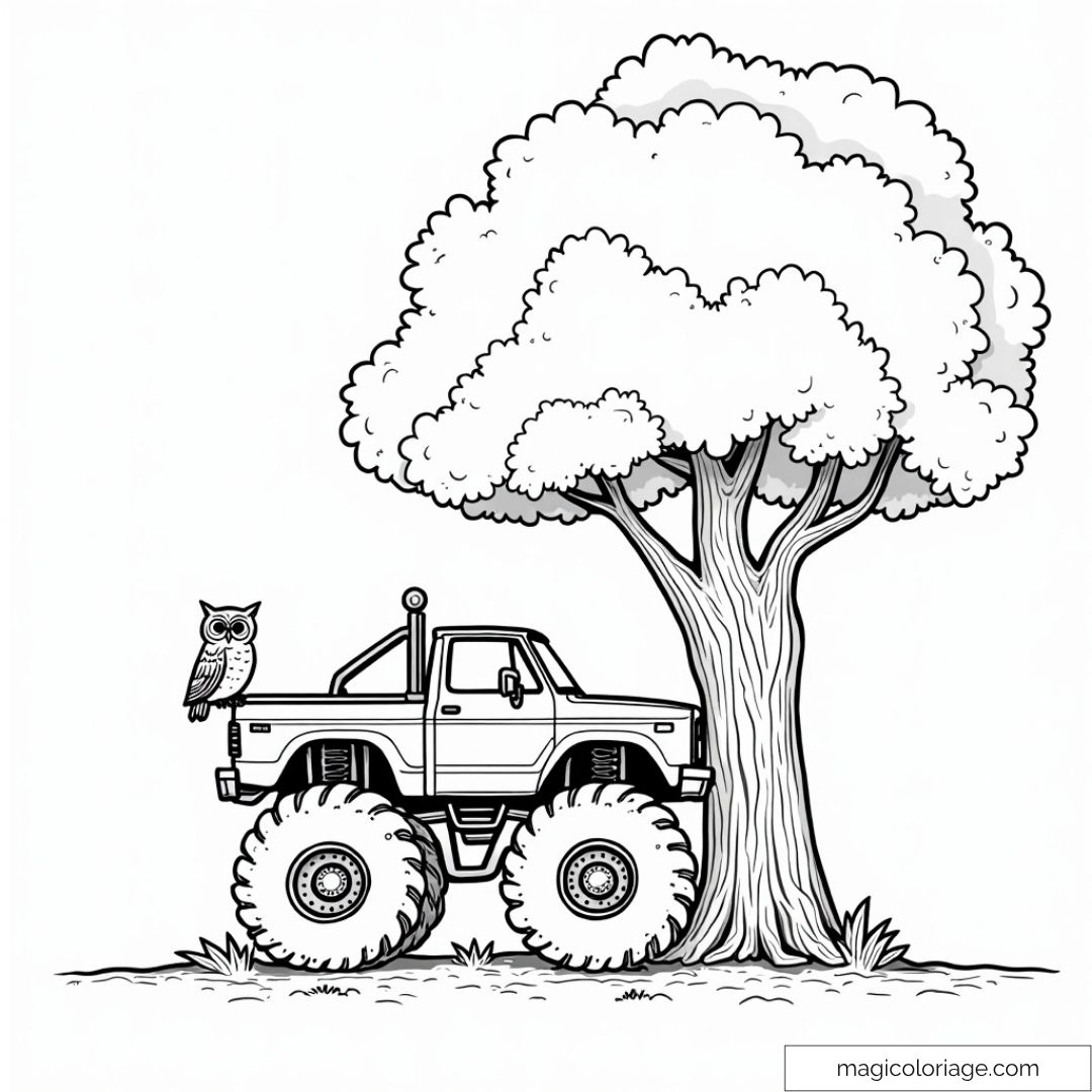 Dessin d'un camion monstre près d'un arbre avec hibou