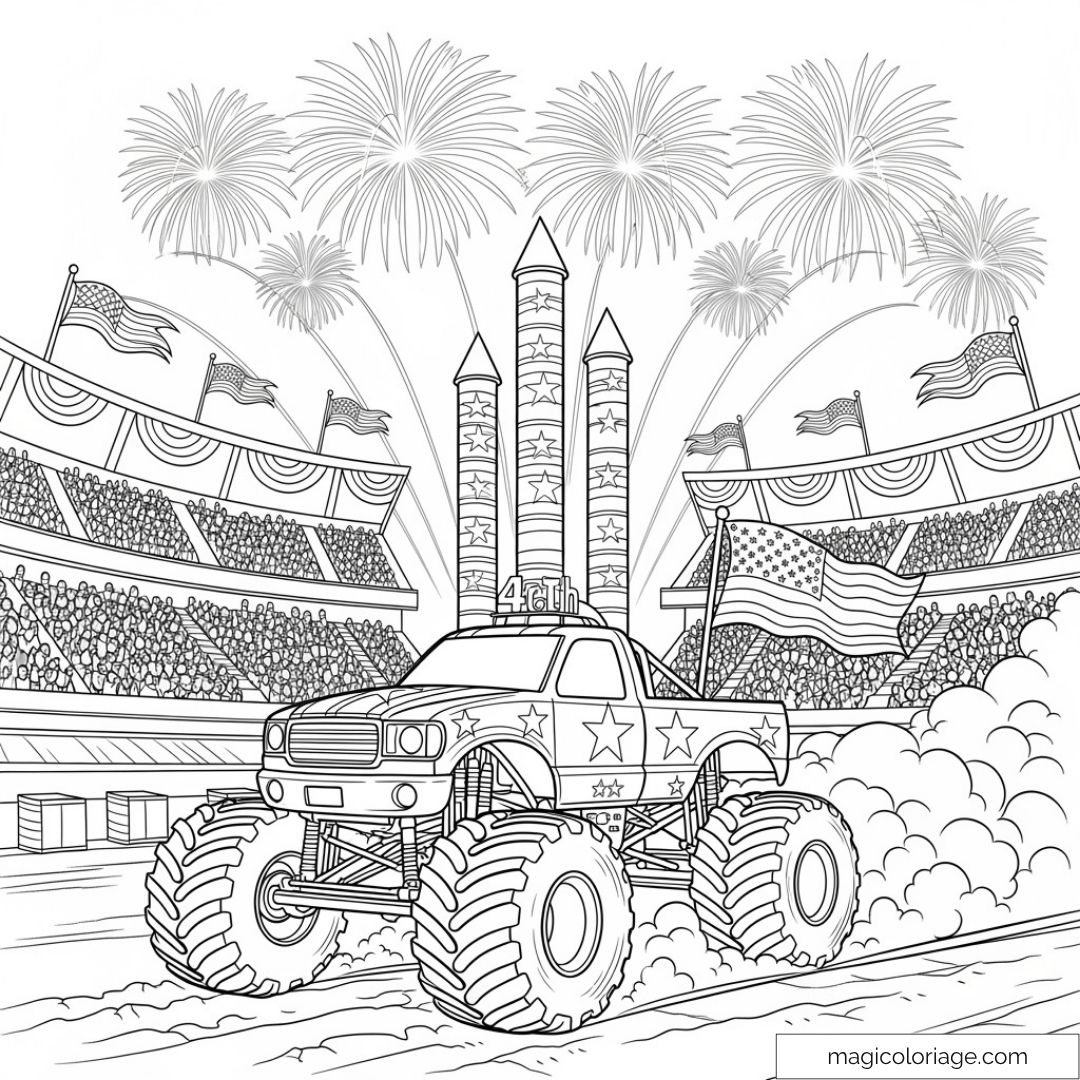Coloriage de camion géant et feux d'artifice