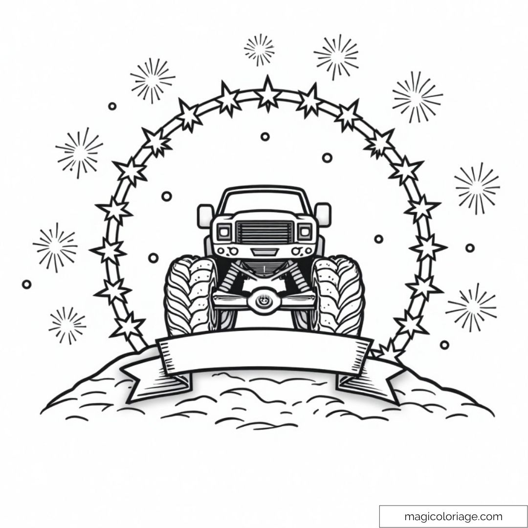 Camion monster truck entouré d'étoiles et feux d'artifice