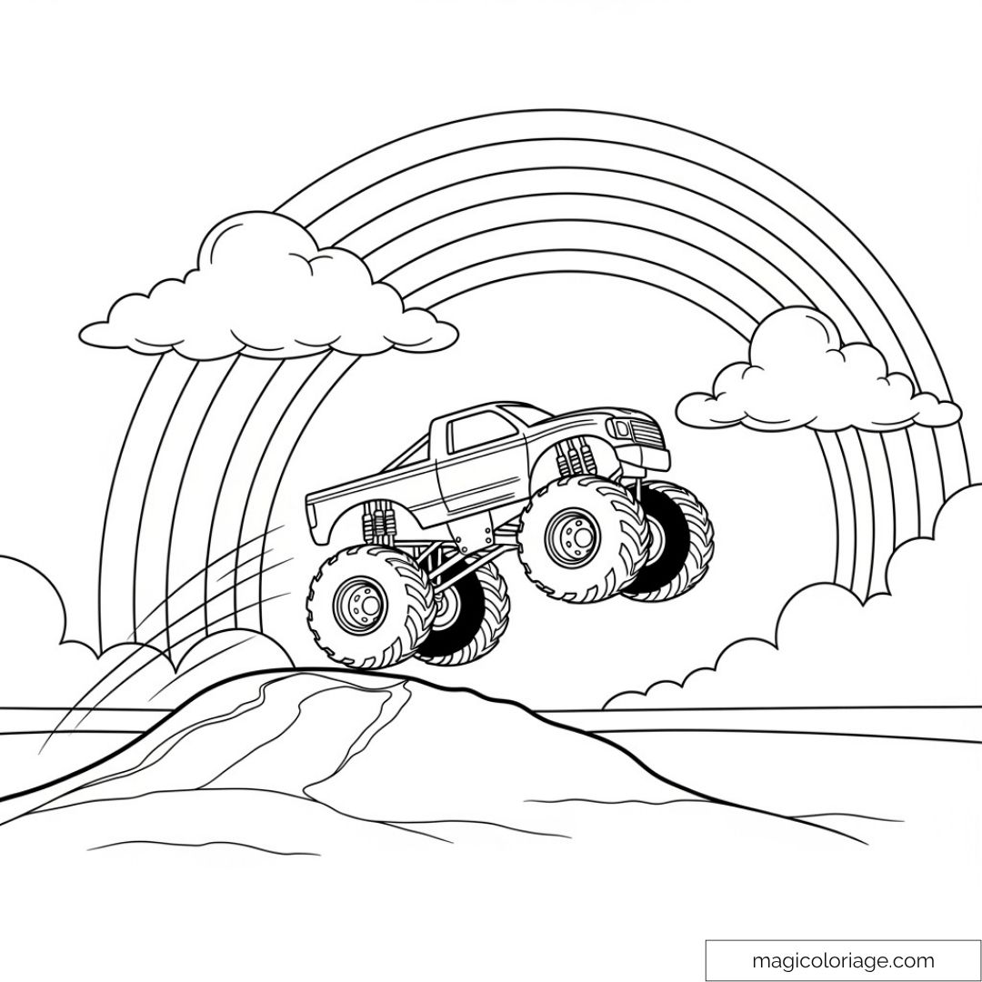 Camion monster truck sautant avec arc-en-ciel en fond.